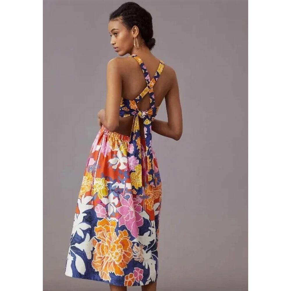 Anthropologie Maeve Floral Tie Bow Back Cutout Midi Dress Size 2 Small - Picture 2 of 7